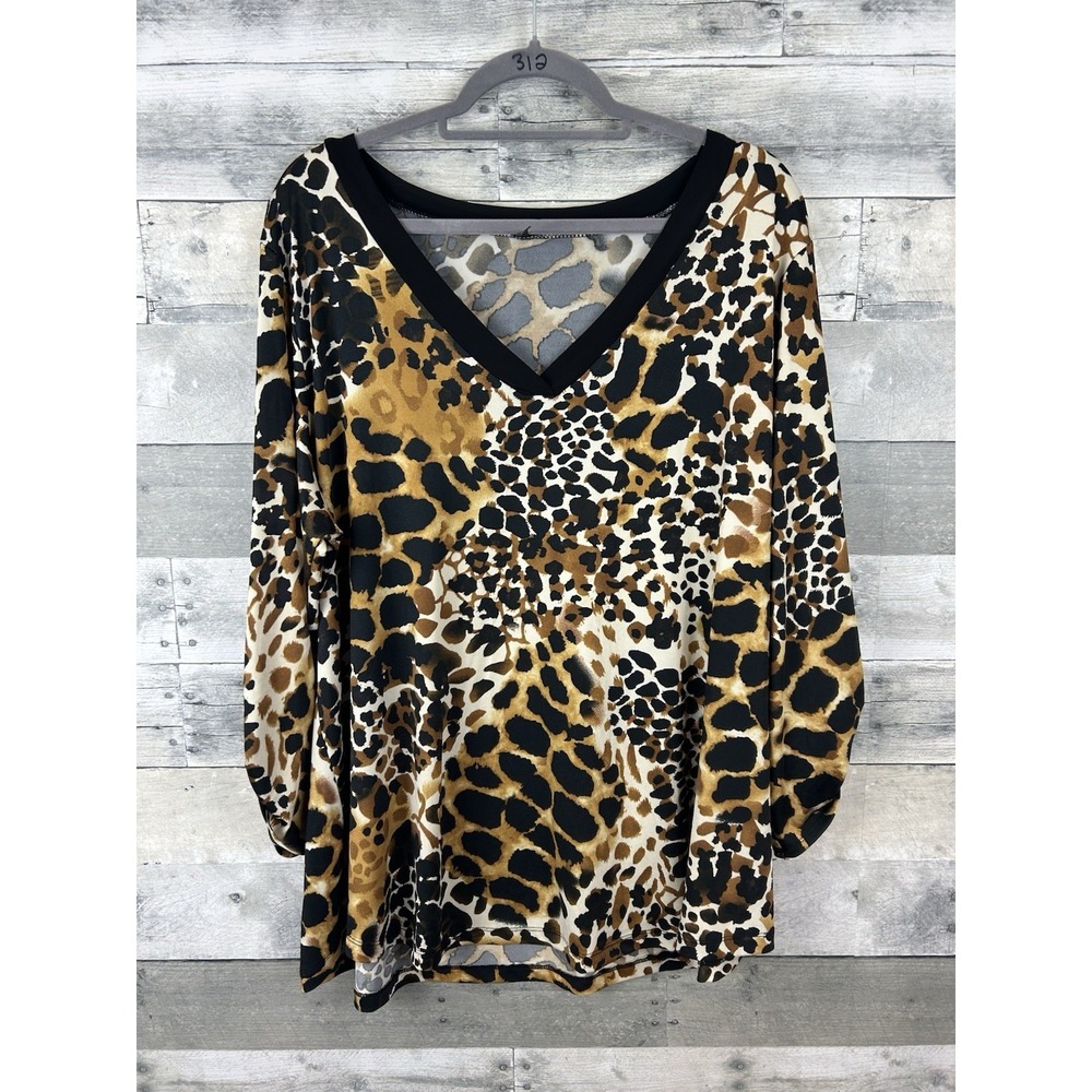 Bleeker & McDougal Women's 3X Long Sleeve V Neck Animal Print Blouse